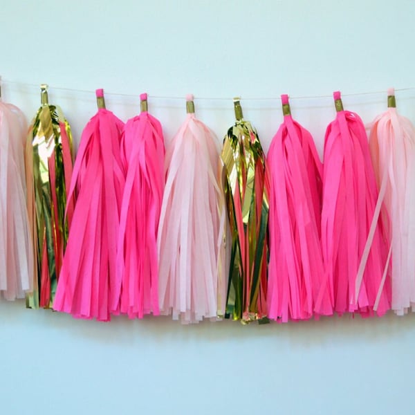 Valentine tassel garland, Hot pink Valentine party decor, neon pink and gold garland, tassel garland, pink princess garland,