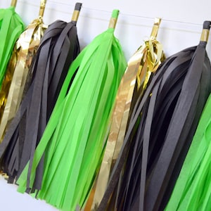 green black gold tassels, tissue tassel garland, tissue tassel garland, boy birthday decor baby boy shower green and gold tassel garland