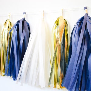 May include: A garland of tissue paper tassels in navy blue, white, and gold. The tassels are strung together on a white string and are hanging from a white wall.