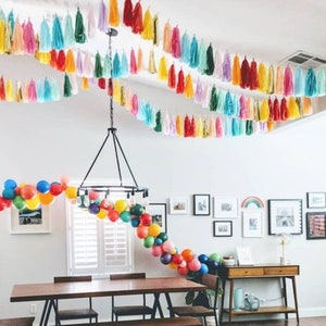 Rainbow tassel garland, rainbow banner, home office decor, dorm decor, balloon tail tassels, photo backdrop, cakesmash,