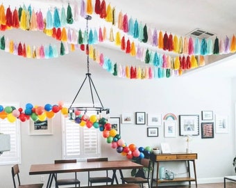 Rainbow tassel garland, rainbow banner, home office decor, dorm decor, balloon tail tassels, photo backdrop, cakesmash,