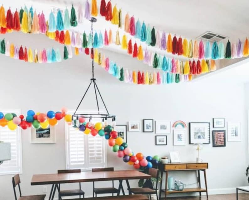 Rainbow tassel garland, rainbow banner, home office decor, dorm decor, balloon tail tassels, photo backdrop, cakesmash, image 1
