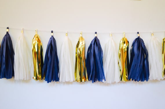 Notre Dame Tassel Garland: Navy, Gold, and White Party Decor