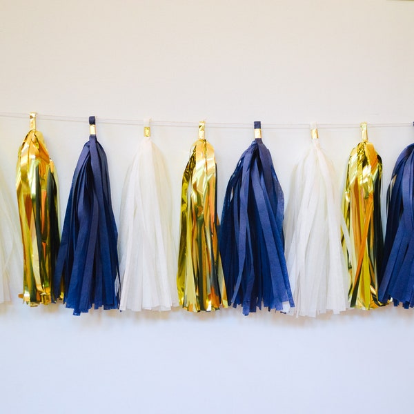 Navy gold ivory tassel garland, Navy, tassel garland, Navy football, baby boy shower decor, baby boy nursery, blue balloon tail, navy photo