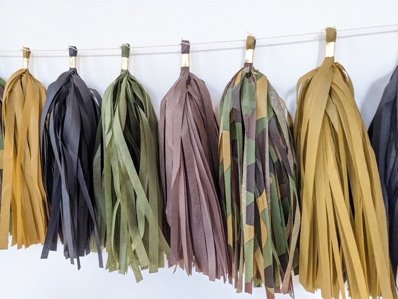 camouflage tassel banner, camo tassels, military theme party, army theme party, camo party, military birthday, hunter party, mess hall image 4