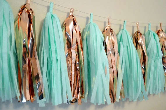 Rose Gold And Mint Tassel Garland Verdigris Mint Green And Copper Tissue Tassel Garland Dorm Decor