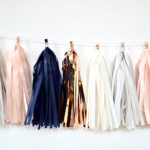 blush rose gold navy tassel garland, baby shower tassels, gender neutral banner, cake smash, balloon tail tassels, dorm room wall decor