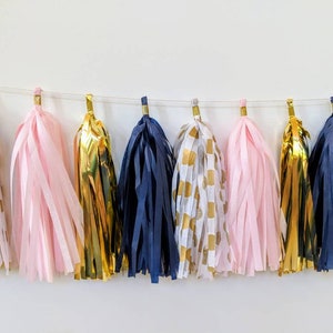 pink and blue tassels, Blush gold navy and gold polkadot tassel garland, gender neutral baby shower, baby girl nursery, baby boy nursery