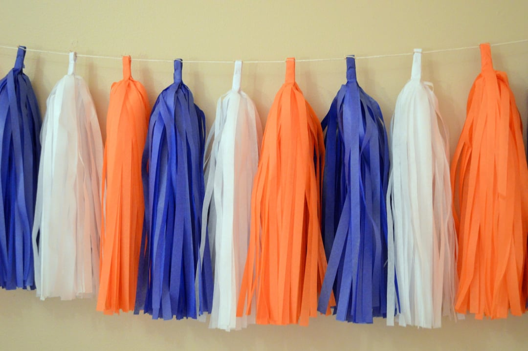 Denver Broncos Party Decorations Blue Orange and White Tassel Garland