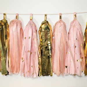 Dorm decor, pink gold tassel garland, princess party decor, baby girl shower, gold heart decor, sweetheart table, wine bar decor,