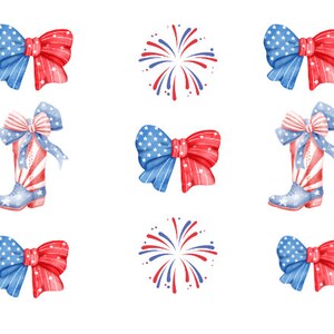 May include: A digital illustration of red, white, and blue patriotic themed bows and boots with firework designs.
