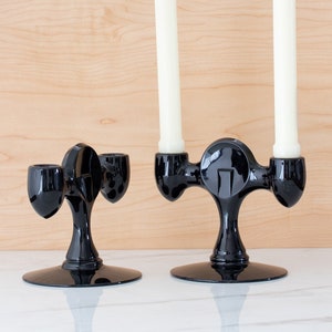Set of 2 Art Deco Black Glossy Candlestick Holders