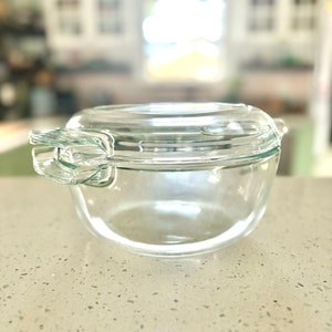 May include: A clear glass baking dish with a lid. The dish has a rounded shape and a smooth surface. The lid has a handle on each side.