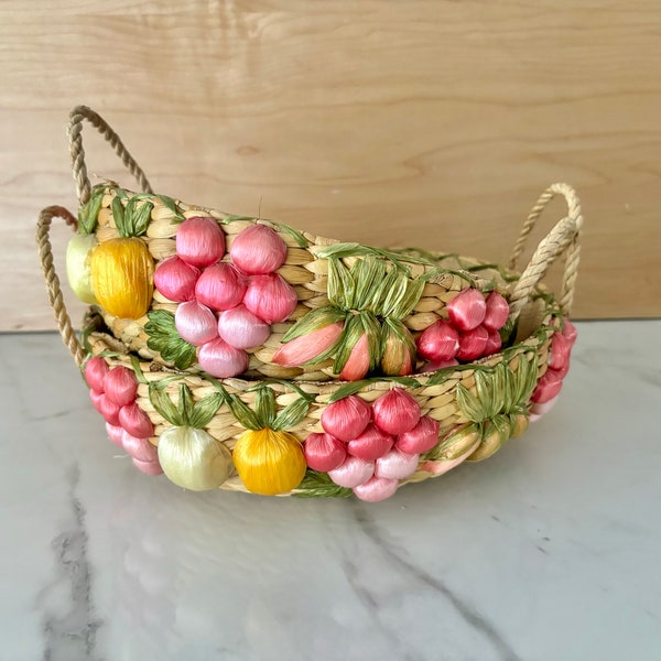 Vintage Woven Baskets with Colorful Raffia Fruit on Sides / Set of Two