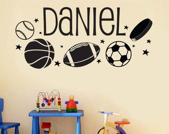 Sport Balls with Stars and Custom Name Vinyl Decal - Vehicle or Wall Art