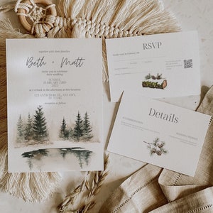 Forest Wedding Invitation Set, Winter Pine Tree Wedding, Mountain Wedding Template, Forest Wedding Suite, Details RSVP Cards, Canva Kit