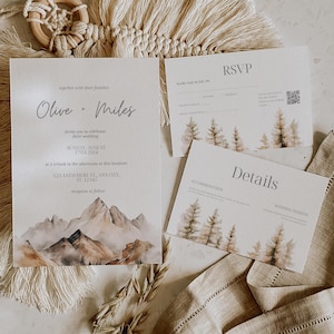 Ensemble de faire-part de mariage forêt de montagne, mariage de pin, modèle de mariage de montagne, suite de mariage de forêt, cartes RSVP de détails, kit de toile