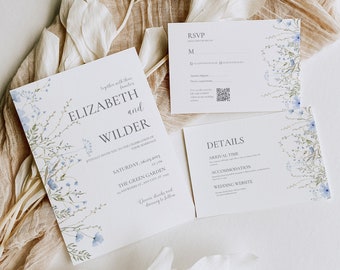 Wildflower Wedding Invitation Suite Botanical Floral Boho Invitation Watercolor Wedding Set Invite Editable Canva Template RSVP Details Card