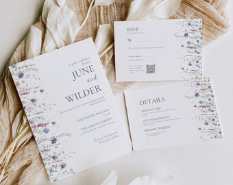 Wildflower Wedding Invitation Suite Botanical Floral Boho Invitation Watercolor Wedding Set Invite Editable Canva Template RSVP Details Card