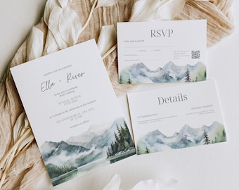 Forest Mountain Wedding Invitation Set, Pine Tree Wedding, Mountain Wedding Template, Forest Wedding Suite, Details RSVP Cards, Canva Kit