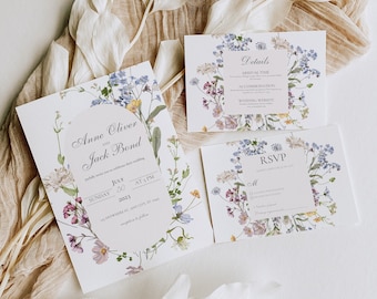 Wildflower Wedding Invitation Suite Botanical Floral Boho Invitation Watercolor Wedding Set Invite Editable Canva Template RSVP Details Card