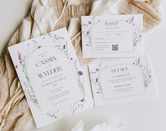 Wildflower Wedding Invitation Suite Botanical Floral Boho Invitation Watercolor Wedding Set Invite Editable Canva Template RSVP Details Card