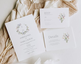 Wildflower Monogram Wedding Invitation Suite, Minimalist Simple Floral Boho Watercolor Invite Set, Editable Canva Template RSVP Details Card