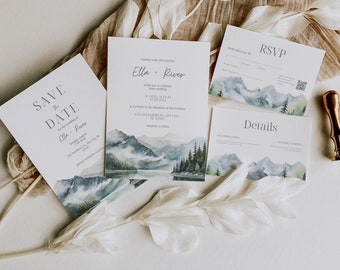 Bruiloft uitnodigingsset berg, berg trouwsuite, berg bewaar deze datum, bos trouwsuite, details RSVP-kaarten