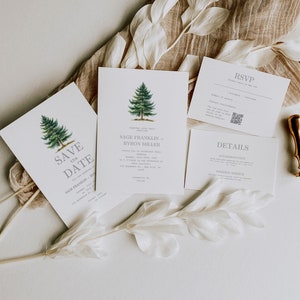 Forest Save Date Wedding Invitation Set, Minimal Minimalist Pine Tree Wedding Template, Forest Wedding Suite, Details RSVP Cards, Canva Kit