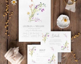 Wildflower Wedding Invitation Suite Boho Invitation Floral Invitation Watercolor Wedding Set Invite Editable Canva Template RSVP Detail Card