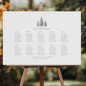 Tabella dei posti a sedere per matrimonio Pino Minimal Rustico Foresta Bosco Albero Tabella dei posti a sedere per matrimonio, Modello di tabella dei posti a sedere stampabile modificabile per Canva