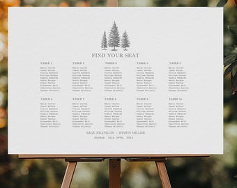 Wedding Seating Chart Pine Minimal Rustic Forest Woodland Tree Wedding Seating Chart, Editable Printable Seating Chart Template for Canva