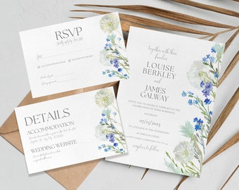 Wildflower Wedding Invitation Suite Boho Invitation Floral Dandelion Blue Watercolor Wedding Set Invite Editable Canva Template RSVP Details