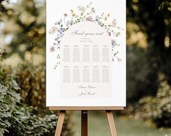 May include: A white wedding seating chart with a floral border of blue, pink, and yellow flowers. The chart is titled "Find your seat" and lists the names of guests and their assigned tables. The names "Anne Oliver" and "Jack Bread" are listed at the bottom of the chart.