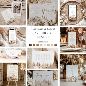 Mountain Wedding Bundle Set, Forest Rustic Woodland Pine Tree Invite Template Bundle, Wedding Invitation Suite Canva Wedding Invite Set