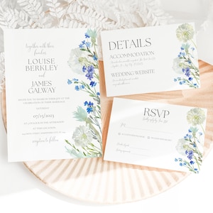 Wildflower Wedding Invitation Suite Boho Invitation Floral Dandelion Blue Watercolor Wedding Set Invite Editable Canva Template RSVP Details