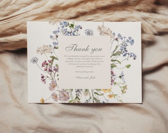 Modèle de carte de remerciement fleurs sauvages, carte de remerciement bohème, carte de remerciement bohème floral botanique, carte de remerciement toile moderne, merci rustique