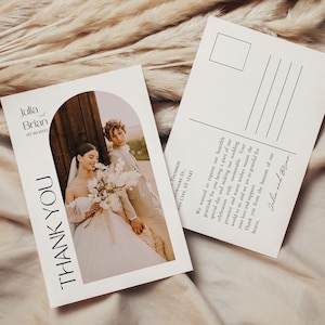 Plantilla de tarjeta de agradecimiento postal, tarjeta de agradecimiento de foto de boda, nota Boho gracias simple minimalista moderno Canva nota de tarjeta de agradecimiento