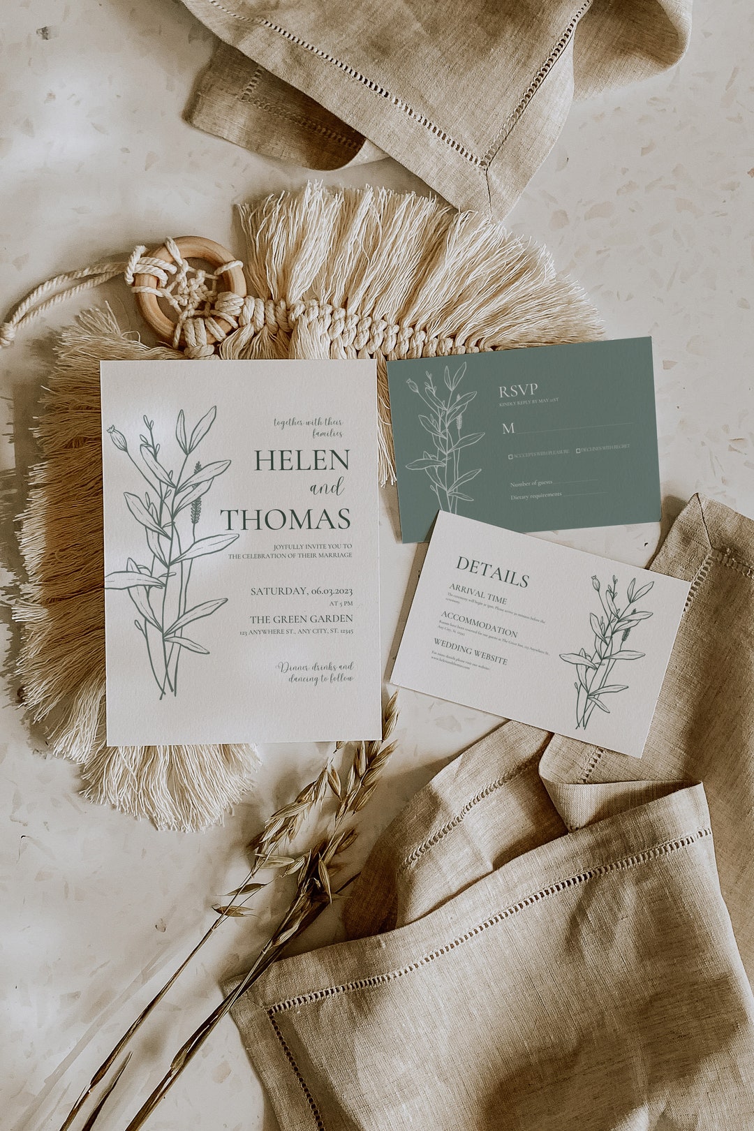 Sage Wedding Invitation Suite Simple Boho Invitation Sage Green ...