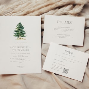Forest Mountain Wedding Invitation Set, Minimal Minimalist Pine Tree Wedding Template, Forest Wedding Suite, Details RSVP Cards, Canva Kit
