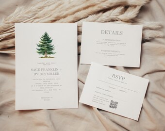 Forest Mountain Wedding Invitation Set, Minimal Minimalist Pine Tree Wedding Template, Forest Wedding Suite, Details RSVP Cards, Canva Kit