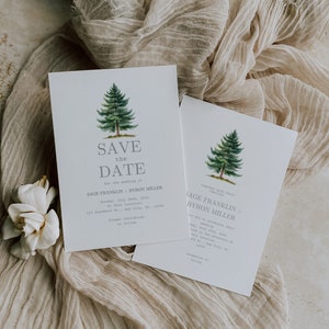 Forest Save Date Wedding Invitation Set, Minimal Minimalist Pine Tree Wedding Template, Forest Wedding Suite, Details RSVP Cards, Canva Kit