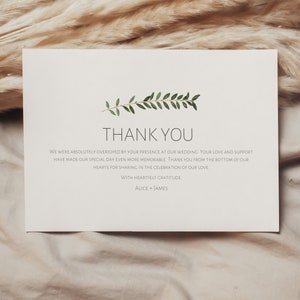 Modelo de cartão de agradecimento minimalista, cartão de agradecimento de casamento, folhas verdes, obrigado, simples, minimalista, moderno, canva, obrigado