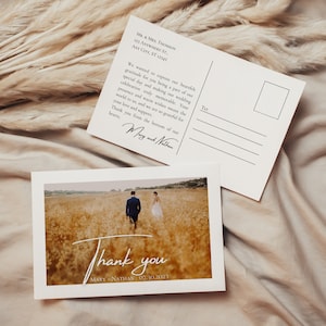 Plantilla de tarjeta de agradecimiento para boda, tarjeta de agradecimiento con foto, nota de agradecimiento, estilo bohemio, minimalista, moderno, de Canva