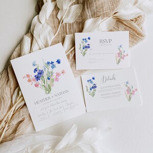 Wildflower Wedding Invitation Suite Boho Floral Forget-me-not Invitation Watercolor Wedding Set Invite Editable Canva Template RSVP Details