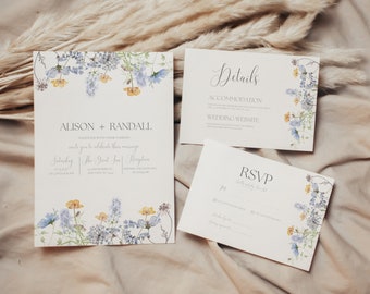 Wildflower Wedding Invitation Suite Boho Invitation Botanical Floral Watercolor Wedding Invite Set Editable Canva Template RSVP Details Card