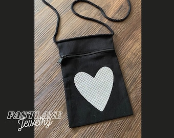LIMITED EDITION!!! Black Canvas Cross Body Pouch With Checkered Flag Heart