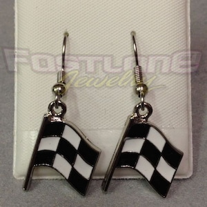 Checkered Flag Charm Dangle Earrings- Racing Jewelry by Fastlane Jewelry