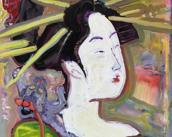 Arte japonés Geisha pared arte pintura por Matt Pecson decoración asiática habitación decoración kimono pop arte pintura regalos para ella HECHO A PEDIDO