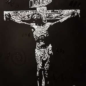 May include: A black and white illustration of a person on a cross. The image is stylized with intricate patterns and details.